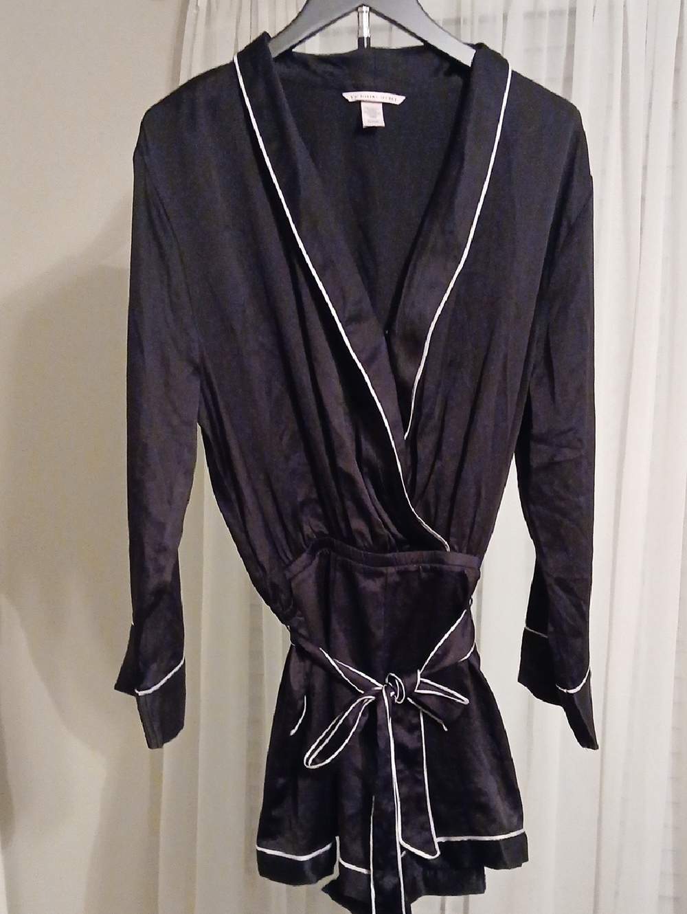 Victoria's Secret Black Satin Wrap Romper with White Piping